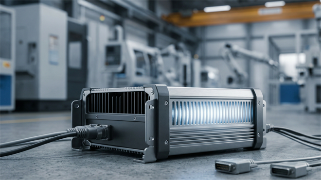 A rugged industrial computing module glowing with blue-white light on a factory floor, representing edge AI and onboard intelligence technology.