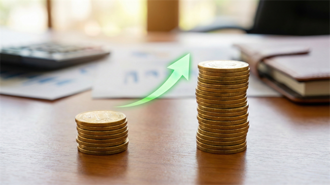 Stacked coins increasing in height with upward arrow, symbolizing dividend growth and rising investor returns.