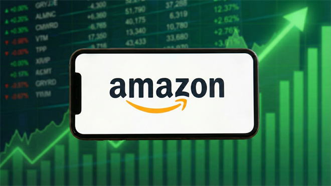 Amazon logo on smartphone screen with rising stock chart background, symbolizing e-commerce growth and market gains.