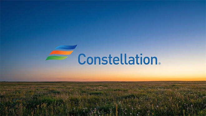 Constellation Energy logo over open landscape at sunset, representing nuclear energy company confidence and share buyback surge.