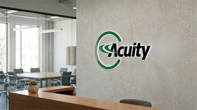 Modern office lobby with Acuity logo on wall, reflecting smart building technology and corporate lighting solutions.