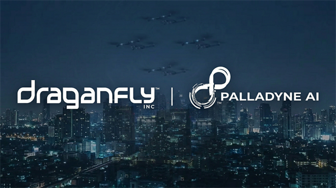 Draganfly and Palladyne AI logos with drone swarm over cityscape, highlighting DPRO and PDYN defense AI partnership.