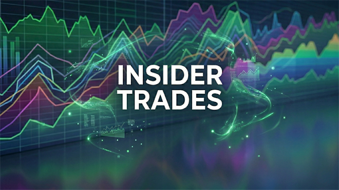 Colorful stock market chart with rising and falling lines behind bold “Insider Trades” text, symbolizing investor activity and insider buying trends.