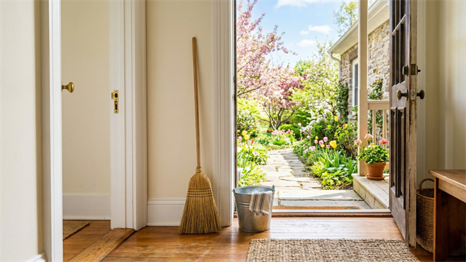 Bright entryway with broom and bucket by open door leading to a blooming spring garden, symbolizing portfolio rebalancing and market reset.