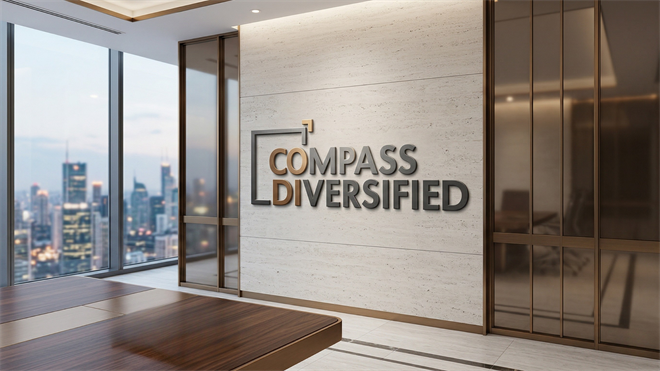 Modern Compass Diversified office interior with logo, reflecting corporate growth and strategic transformation.