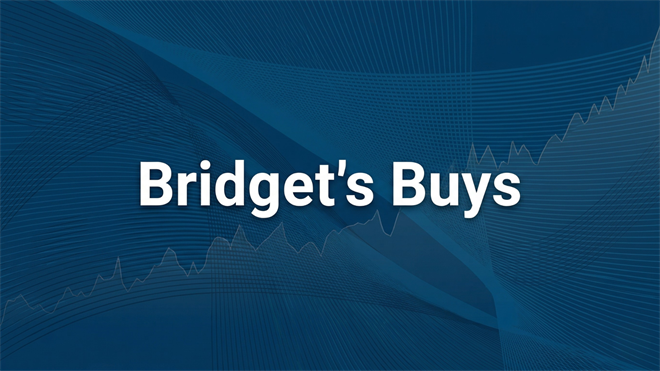 Graphic with “Bridget’s Buys” over rising stock chart lines, representing speculative tech stock picks and market performance trends.