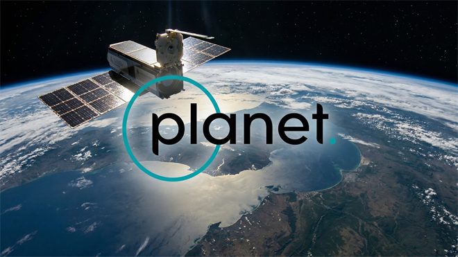 Satellite with Planet Labs branding orbiting Earth, illustrating government-controlled satellite imagery and data restriction.