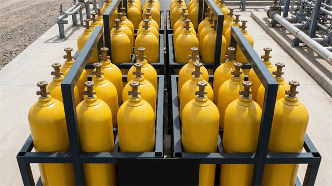 Rows of yellow helium gas cylinders at an industrial facility, highlighting helium supply and energy sector production dynamics.
