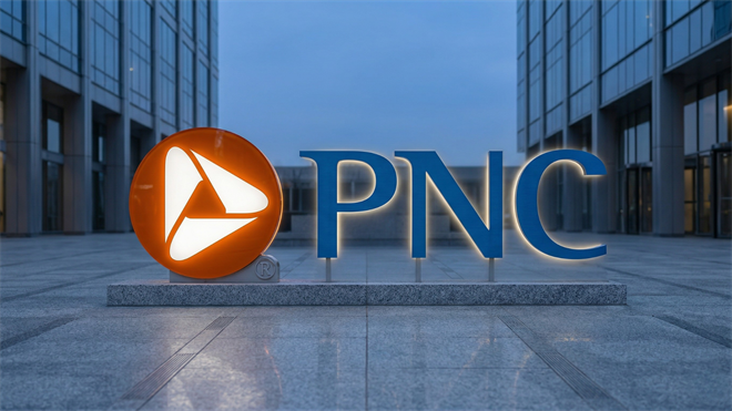 PNC bank logo displayed outside a modern office building, reflecting strong financial performance and growth in regional banking.