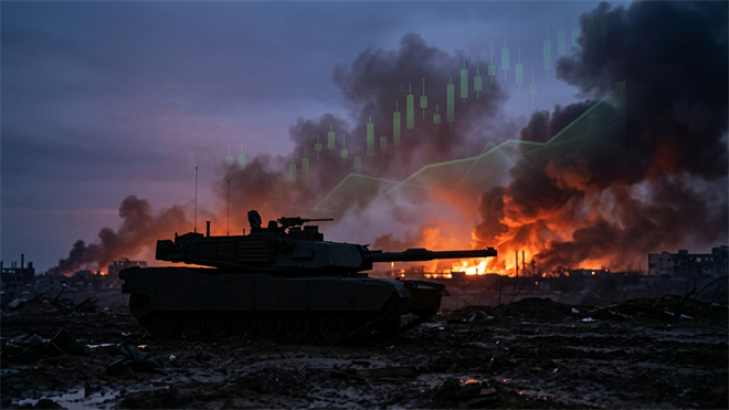 Military tank amid conflict backdrop with rising candlestick chart, tied to C, VZ, and DAL post-war recovery potential.