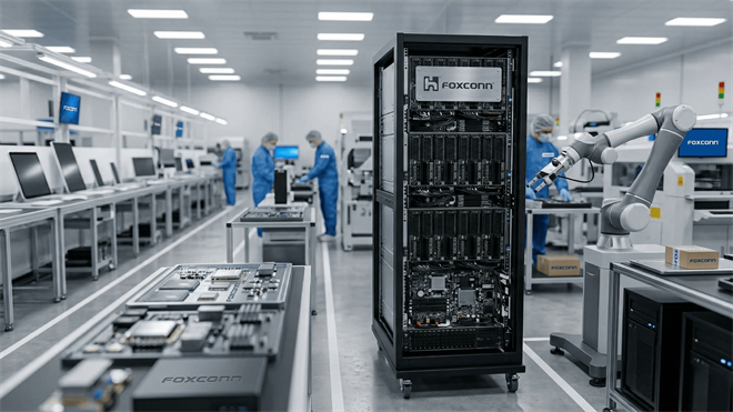 Foxconn AI server rack and robotics in a chip lab highlight surging first-quarter revenue from data center demand.