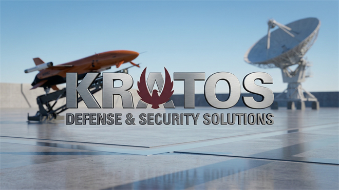 Kratos Defense logo with unmanned drone and satellite dish, symbolizing autonomous defense technology advancement.