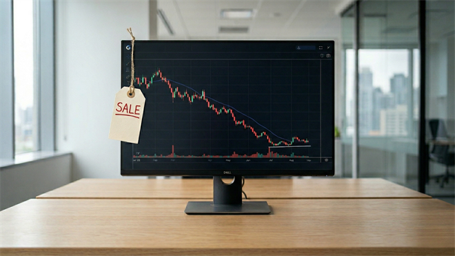 Computer monitor displaying a declining stock chart with a hanging discount tag, symbolizing a cheap or undervalued stock opportunity.