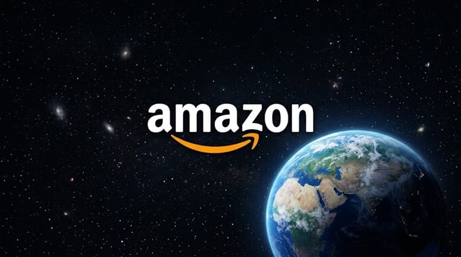 Amazon logo centered against a dark starry space background, with a view of Earth in the lower right corner.
