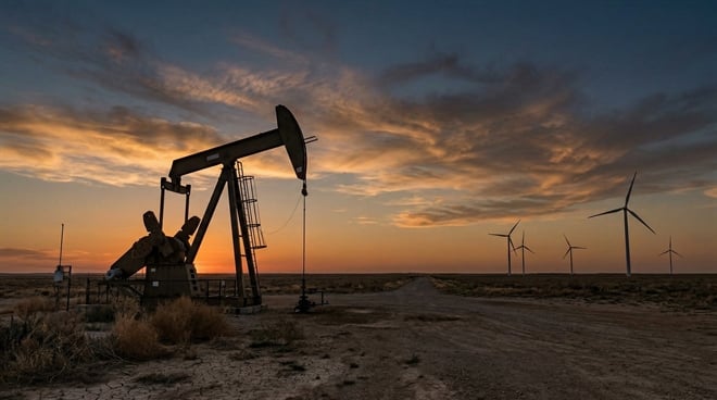 An oil pump jack and multiple wind turbines are silhouetted against a dramatic sunset sky in a flat, rural landscape, with a dirt road leading into the distance.