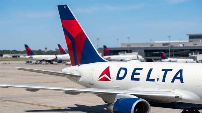 A photorealistic close-up of a Delta Air Lines commercial jet on a sunny airport tarmac.