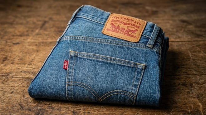 A folded pair of blue jeans with the Levi's leather patch and red tab visible.