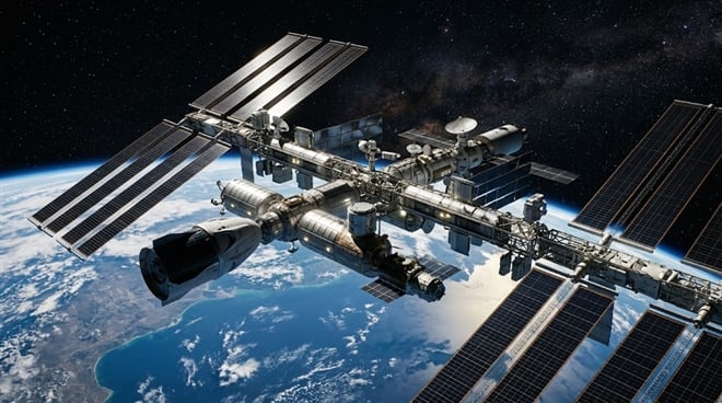 Space station with solar arrays in orbit over Earth against deep space.