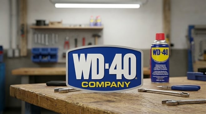 A photo of a WD-40 can, wrenches, and a "WD-40 Company" sign on a workbench.