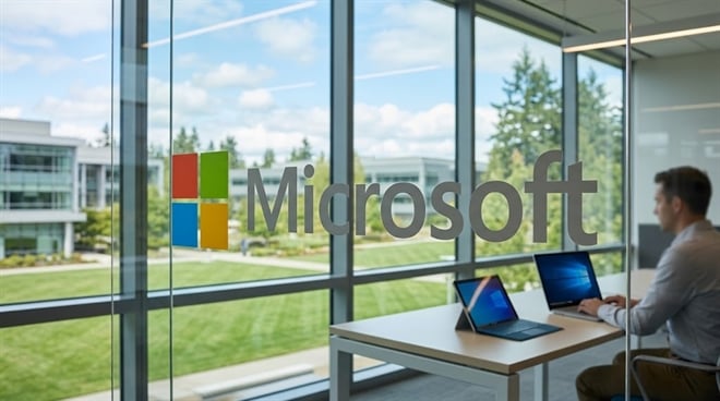 Microsoft logo and text displayed on a glass window in a modern office setting.
