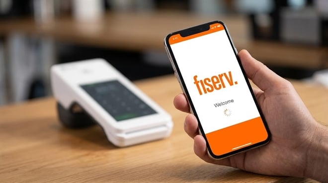 A hand holding a smartphone displaying the Fiserv logo, with a blurred payment terminal in the background.