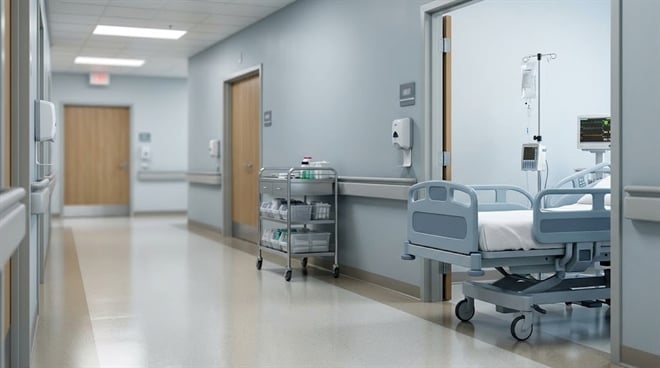 An empty, modern hospital hallway and an open patient room containing a bed and medical equipment.