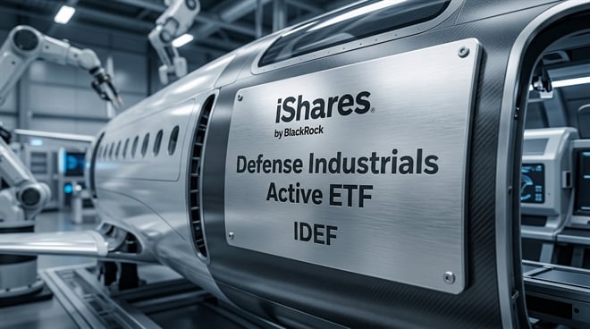 iShares defense ETF branding on a missile fuselage in a factory as short interest drops after the U.S.-Iran ceasefire.
