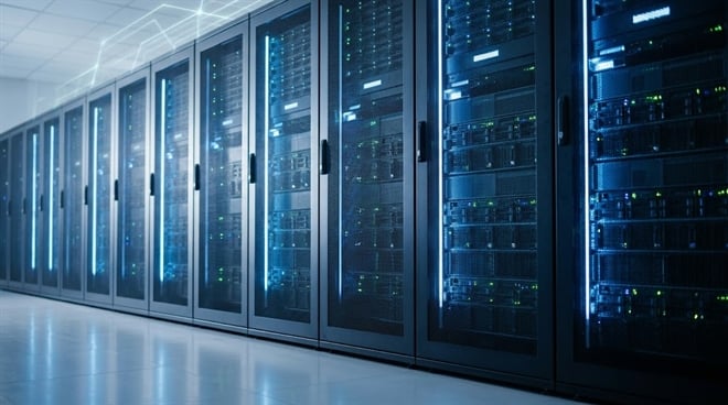 Server racks with blue and green lights and a glowing network overlay.