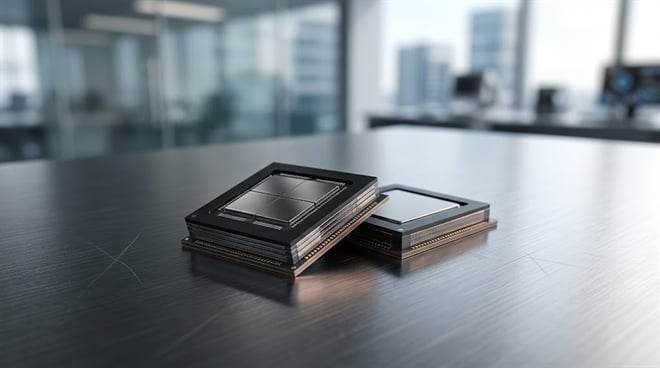 Close-up of two HBM chips on a polished table.
