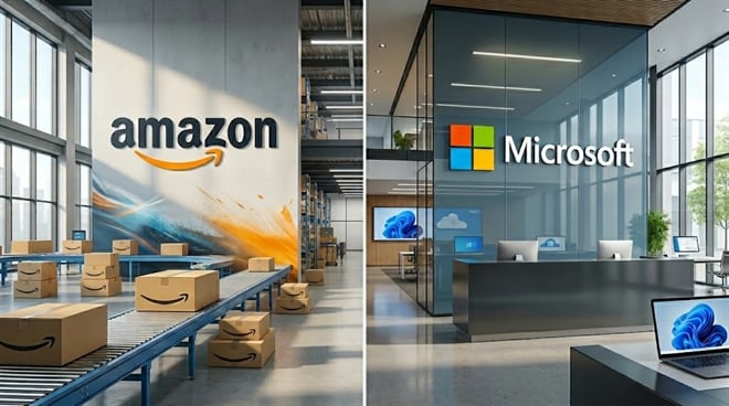 A split-screen graphic contrasting an Amazon fulfillment warehouse with boxes on a conveyor belt on the left, and a modern Microsoft office lobby on the right.