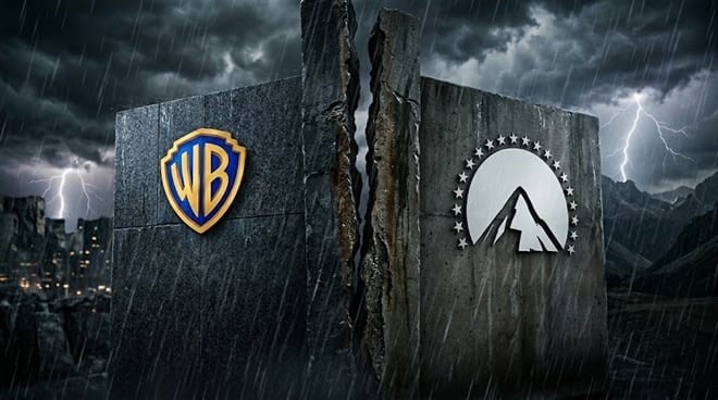 Warner Bros. and Paramount logos on split stone monuments.