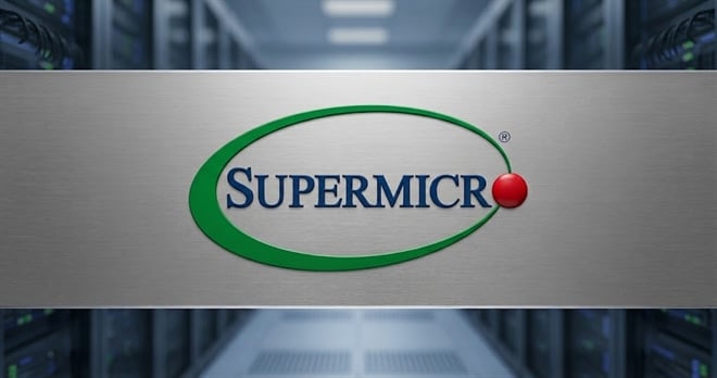 A close-up of a brushed metal server panel faceplate with a dimensional Supermicro logo emblem.