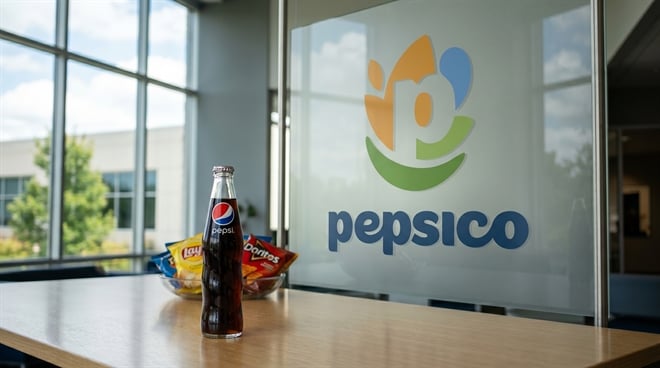 A glass Pepsi bottle and a bowl of Frito-Lay chips on a table in front of the PepsiCo corporate logo.