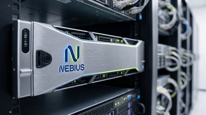 A Nebius-branded server unit mounted in a data center equipment rack.