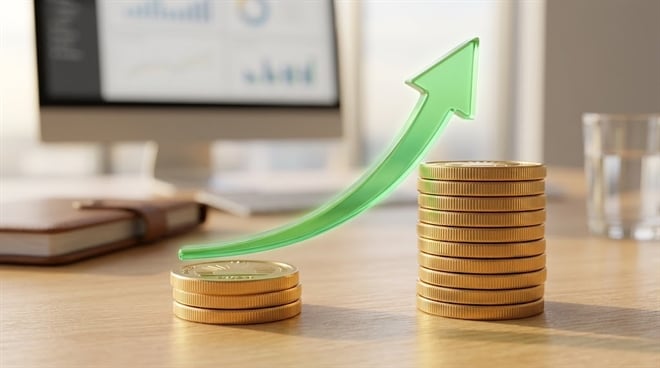 Two stacks of gold coins with a green upward arrow symbolizing financial growth on a desk.