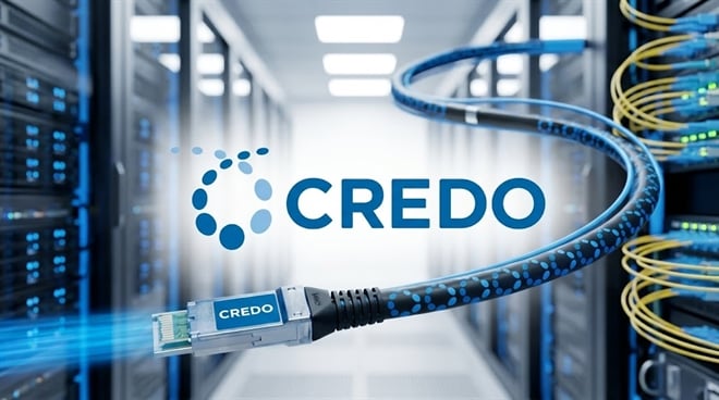 Credo Technology logo displayed over a data center background with a branded network cable in the foreground.