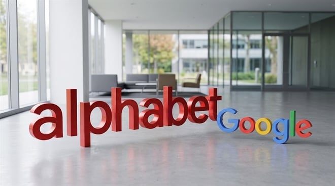 Three-dimensional Alphabet and Google logos displayed on the floor of a modern office lobby.