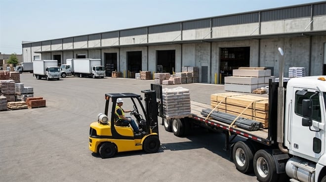 A worker operates a yellow forklift near a flatbed truck loaded with lumber at a building materials distribution warehouse.