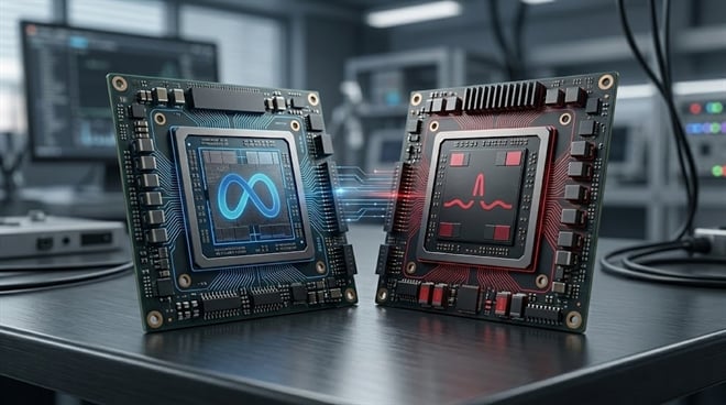 Two AI processor circuit boards face each other, one displaying the Meta logo, one the Broadcom logo, in a lab setting.