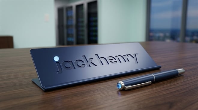 Jack Henry & Associates branded desk nameplate displayed on a wooden conference table alongside a pen.