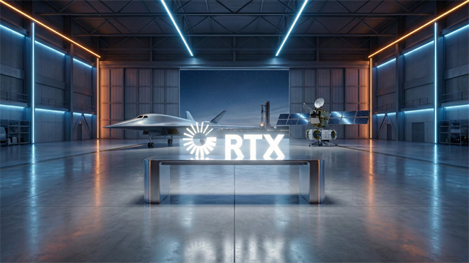 RTX logo displayed in an illuminated hangar alongside a stealth aircraft and satellite.