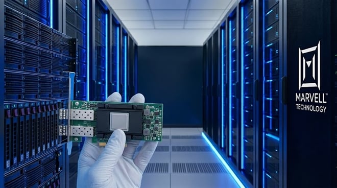 A gloved hand holds a network interface card inside a data center bearing the Marvell Technology logo.