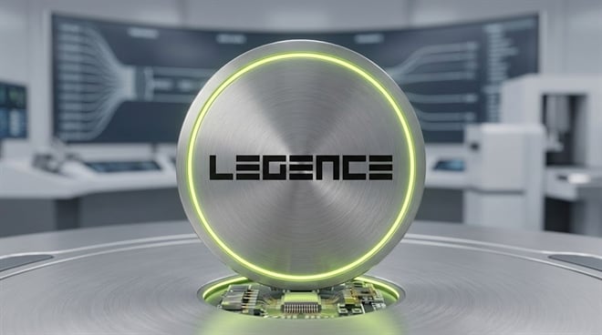 Legence branded metallic disc with green LED ring displayed on a circuit board in a technology lab setting.