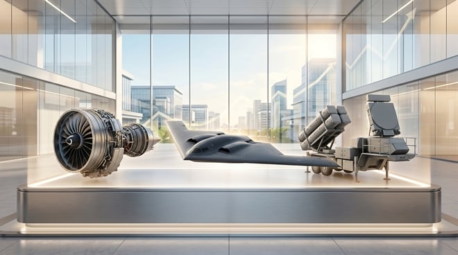 Illustrated defense industry display featuring a jet engine, stealth aircraft model, and missile launcher system.