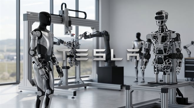 Tesla-branded humanoid robots stand in a modern robotics facility with industrial equipment visible.