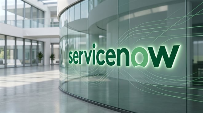 ServiceNow logo displayed on a curved glass wall inside a modern corporate office building.