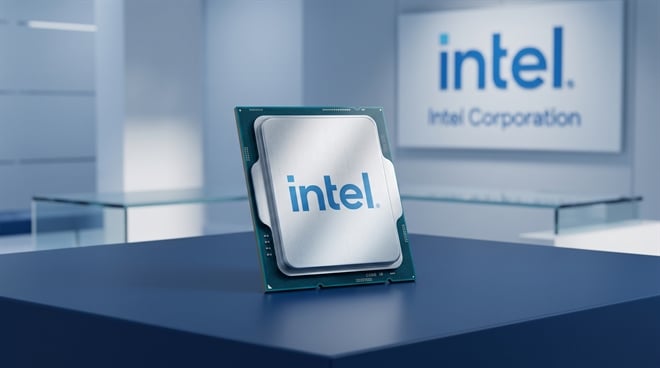 An Intel Corporation processor displayed upright on a dark blue platform with the Intel logo visible.