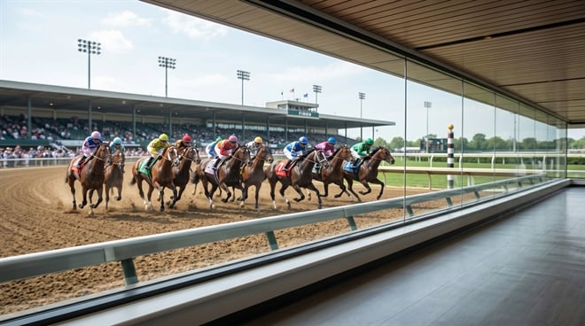 A field of thoroughbred racehorses and jockeys compete on a dirt track at a horse racing venue.