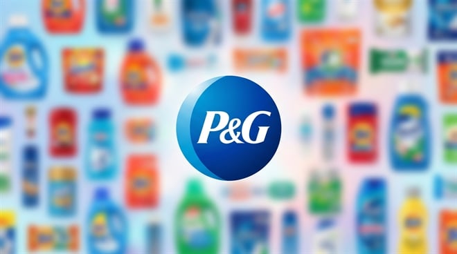 Procter and Gamble logo centered over a blurred grid of consumer product packages.
