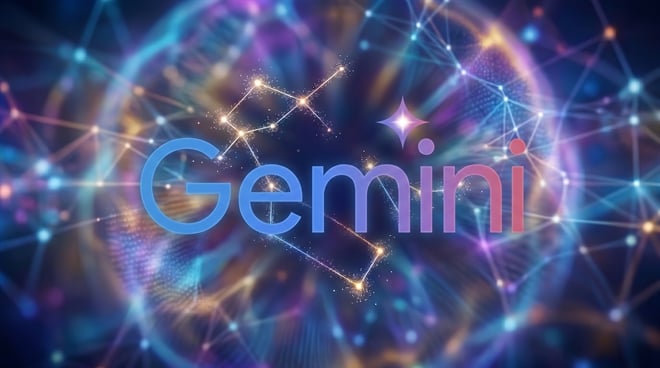 Google Gemini AI logo displayed against an abstract digital network background with blue and purple tones.